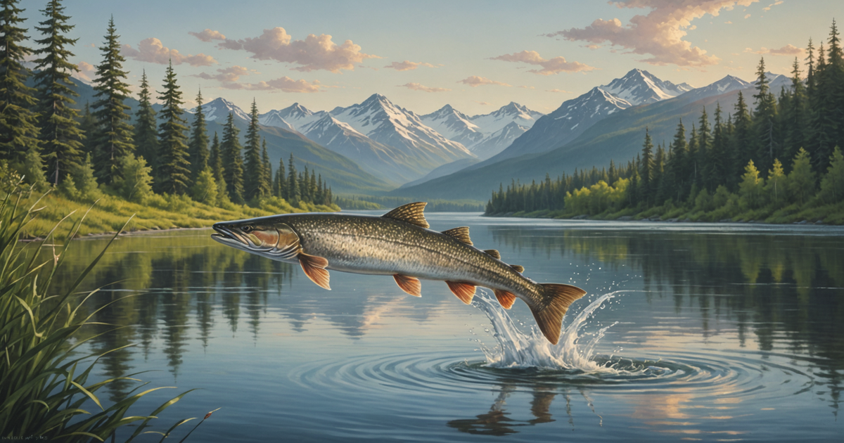 A serene Alaskan river with a majestic northern pike leaping out of the water.