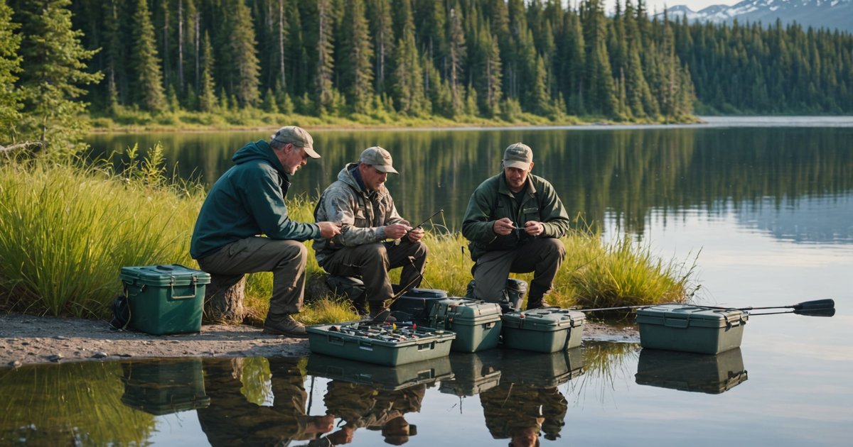 Anglers preparing their gear on the banks of a remote Alaskan lake.
