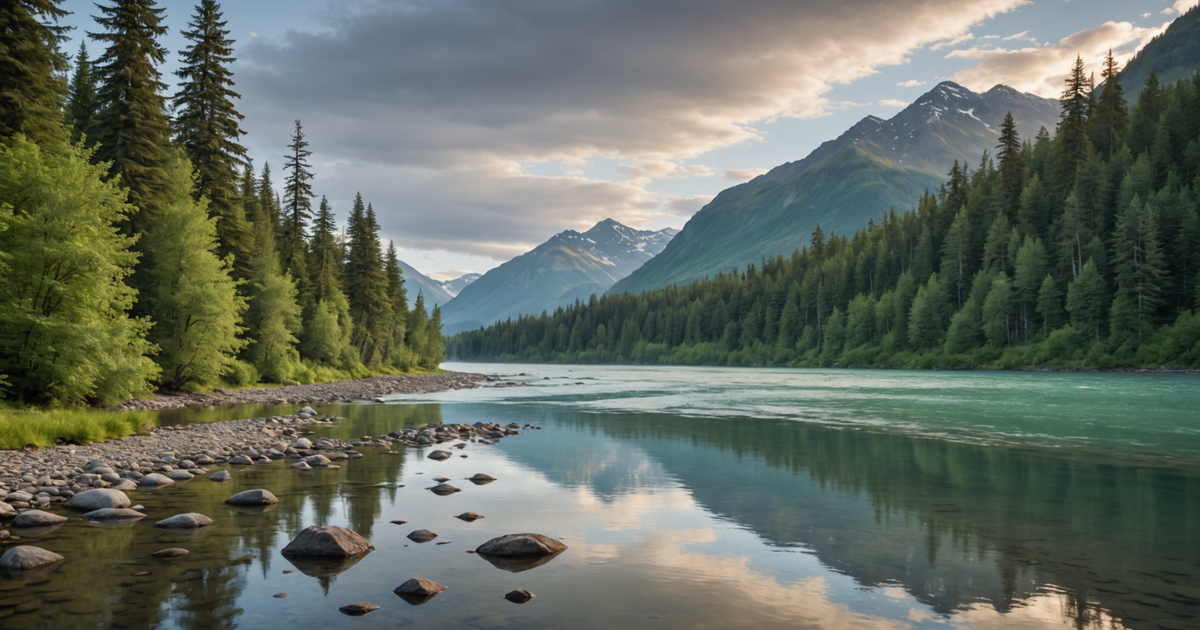 A scenic view of an Alaskan river, perfect for pike fishing