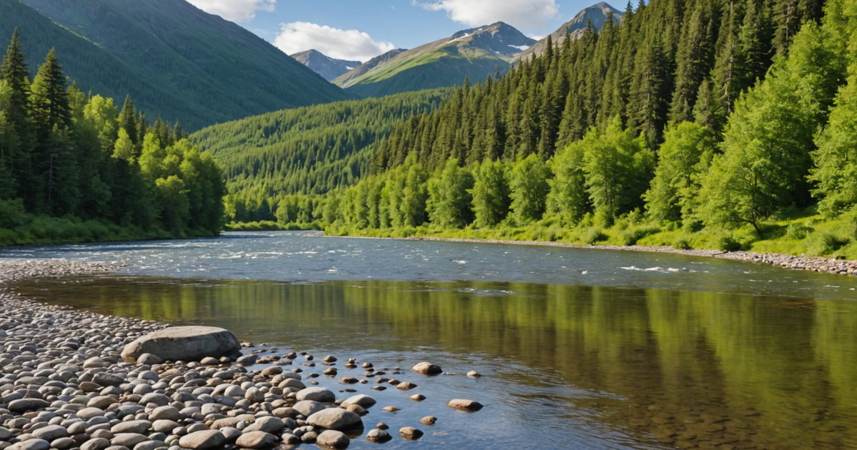 A picturesque Alaskan river with lush greenery, perfect for fly fishing