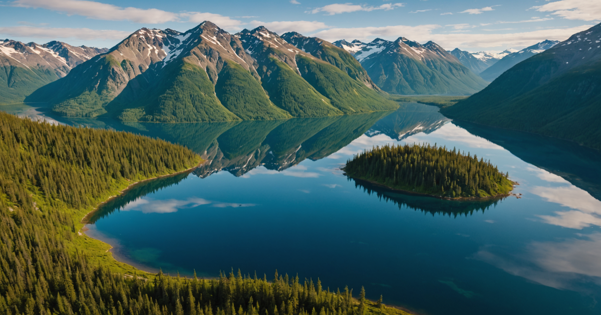Aerial view of a remote Alaskan lake surrounded by mountains and forest.