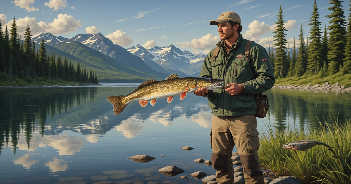 An angler holding a large Northern Pike by a remote Alaskan lake.