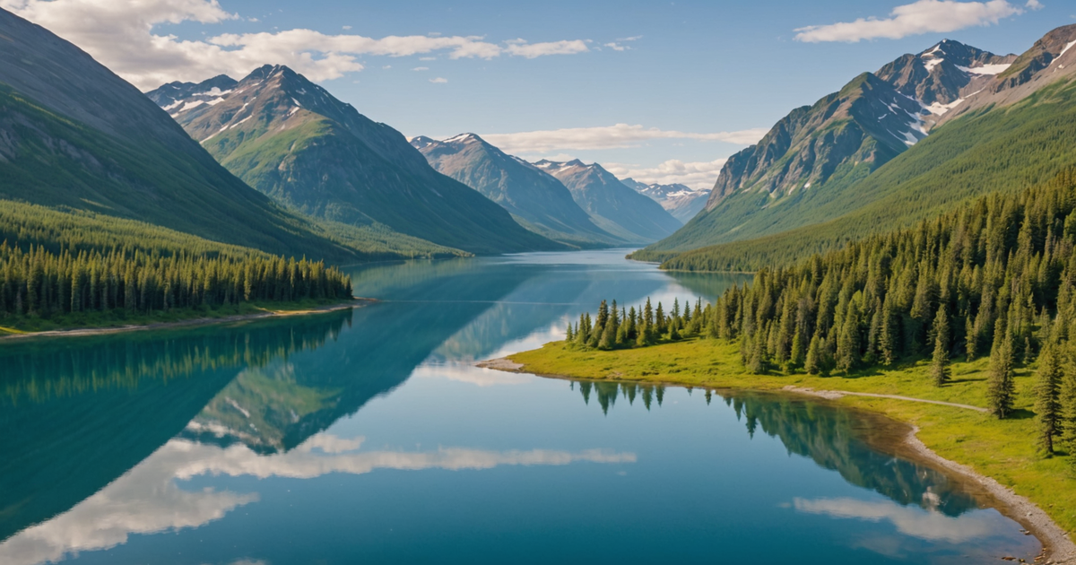 Aerial view of a serene Alaskan lake with surrounding wildlife