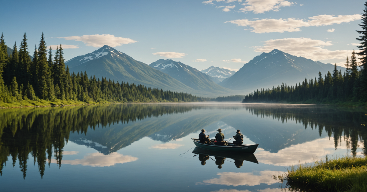 A serene Alaskan lake with anglers on a boat, surrounded by lush greenery and distant mountains.
