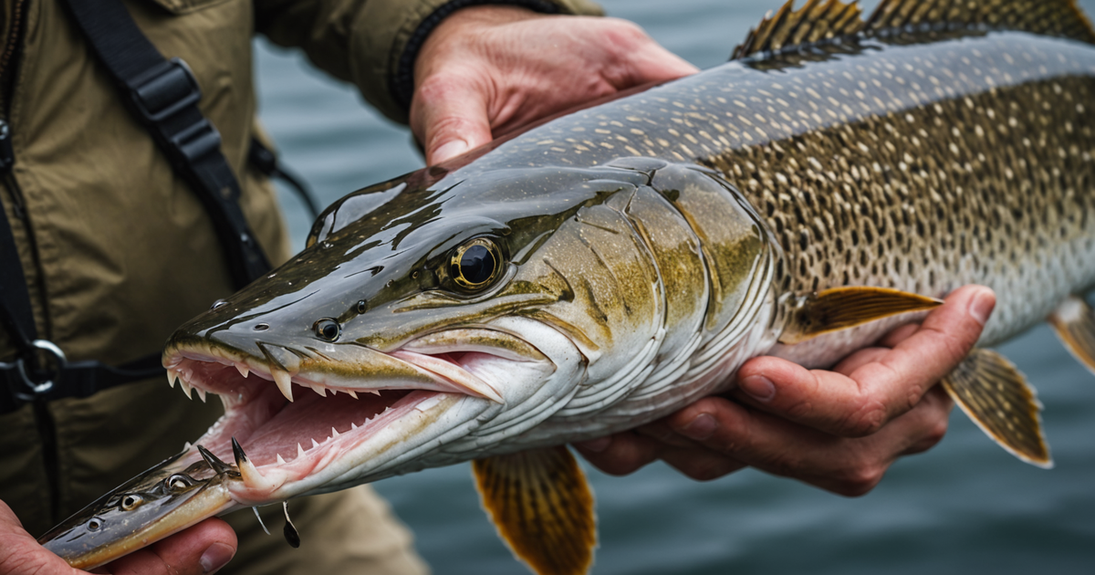 Close-up of a northern pike being held by an angler, showcasing its sharp teeth and distinctive markings.