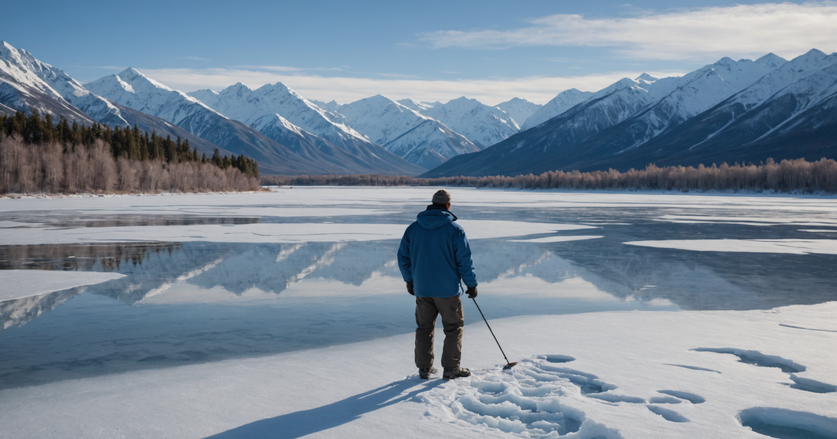An angler braving the icy expanse of Matanuska Valley, drilling a hole in the ice with snow-capped mountains in the background.