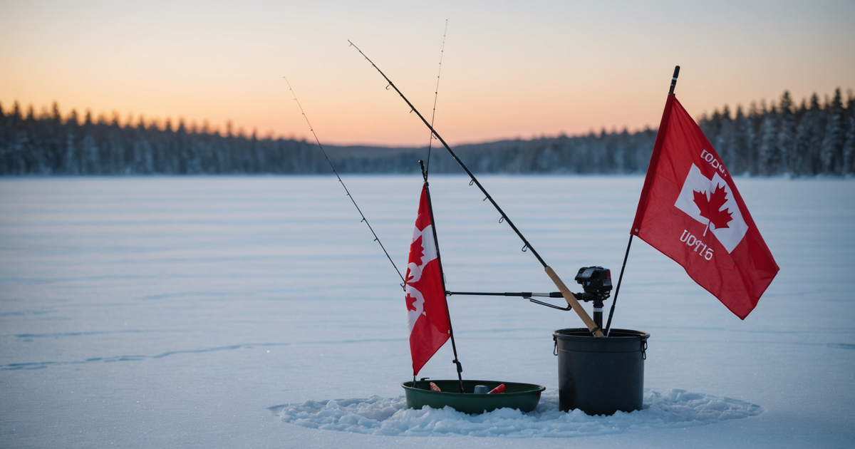 A close-up of a tip-up setup on a frozen lake, with the flag poised to signal a catch.