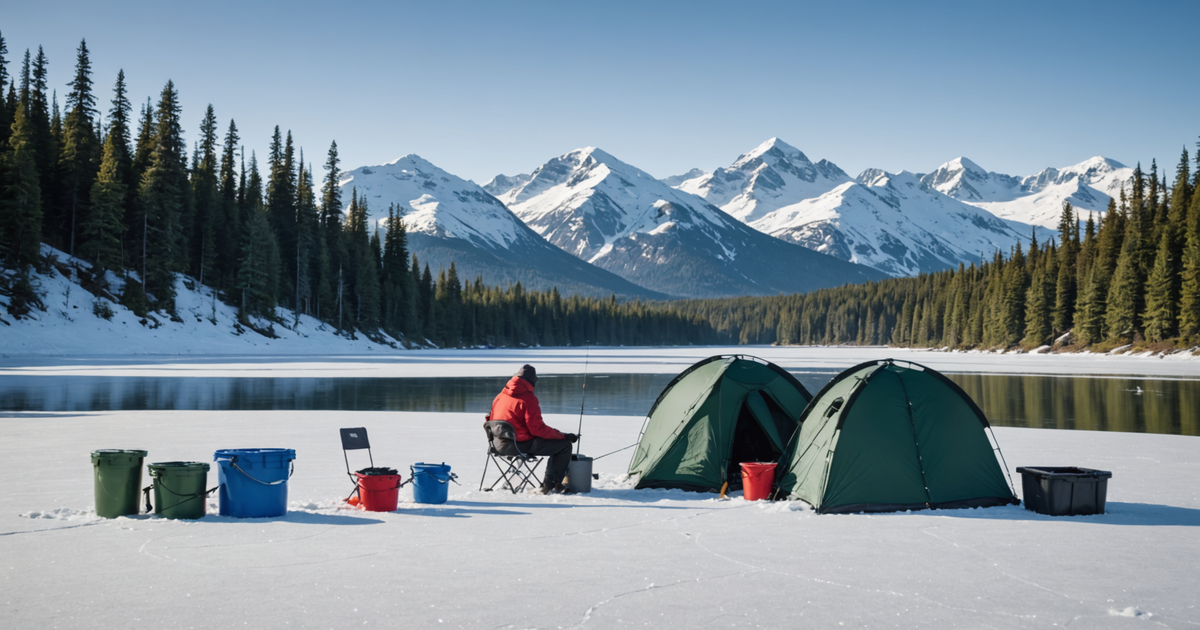 Ice fishing gear setup on a frozen lake with a scenic Alaskan backdrop