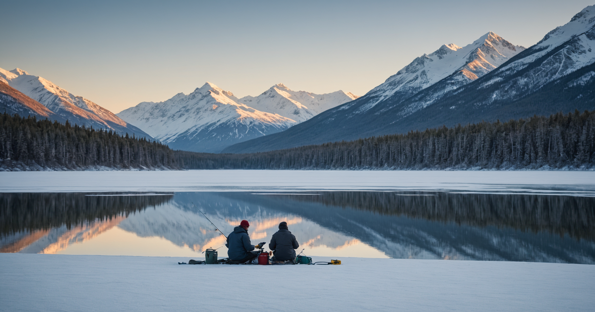Angler using a tip-up on a frozen lake with a view of the Alaskan mountains