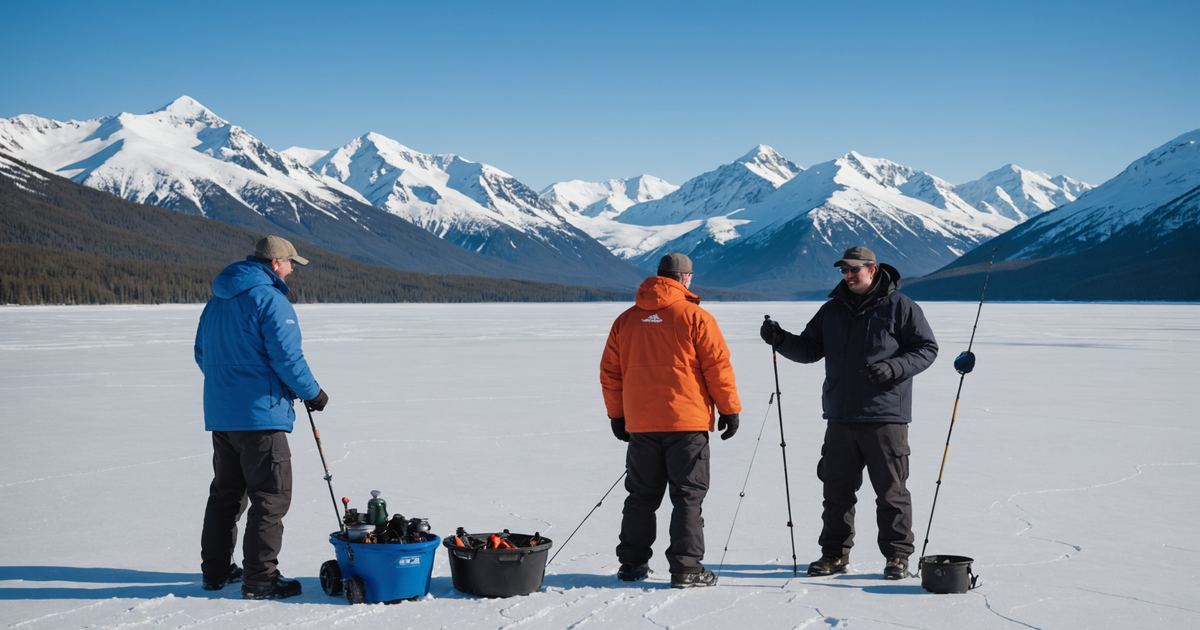 A guided ice fishing group with a professional guide on a frozen Alaskan lake, showcasing the natural beauty and camaraderie of the adventure.