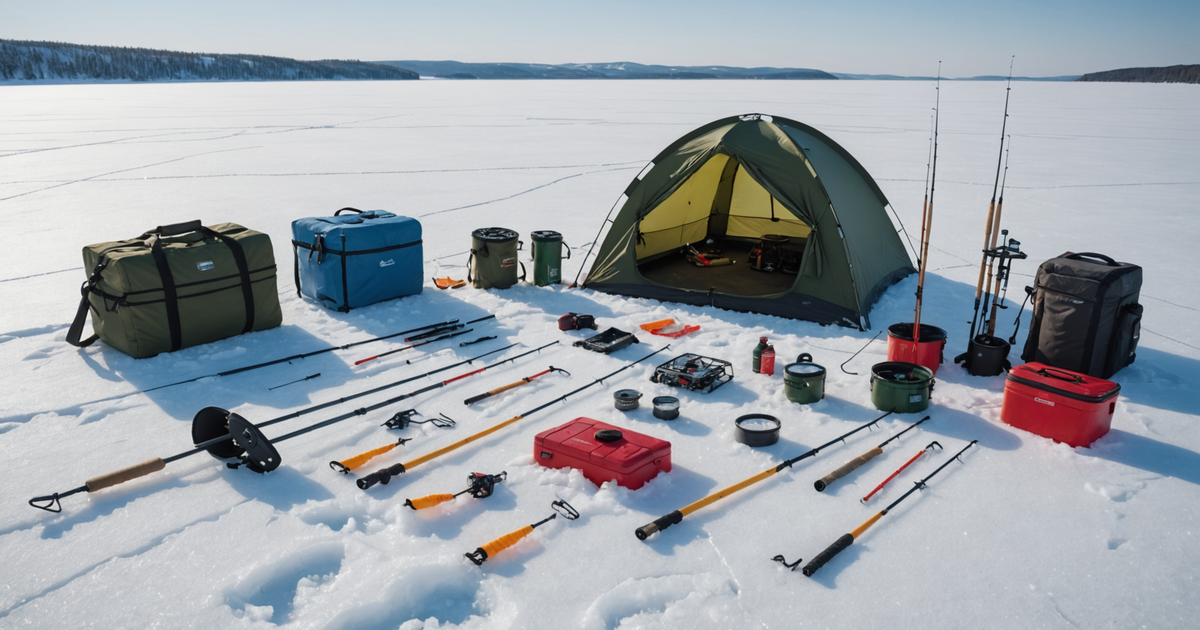 An assortment of ice fishing equipment laid out on the ice, including an ice auger, fishing rods, and a portable shelter.