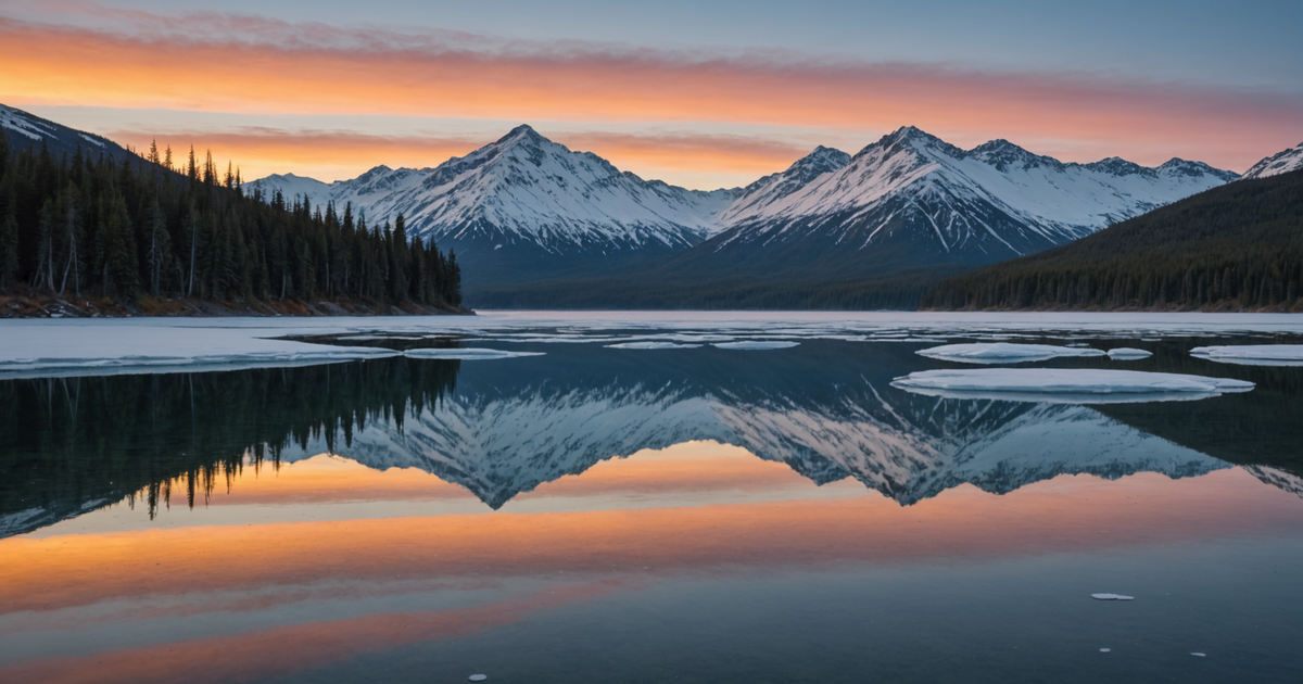A serene Alaskan lake covered in ice with a hole drilled for fishing, surrounded by snow-capped mountains.