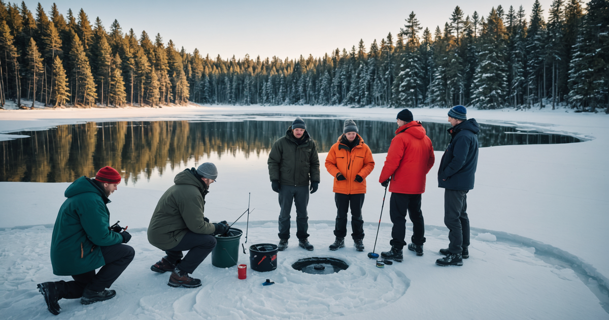 Ice fishing enthusiasts gathered around a hole, focusing on their fishing lines with the backdrop of a snowy forest.