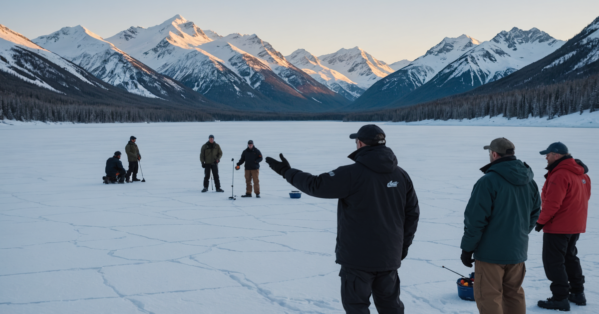 An experienced guide with a group of ice fishers on a frozen Alaskan lake, with snow-covered mountains in the background.