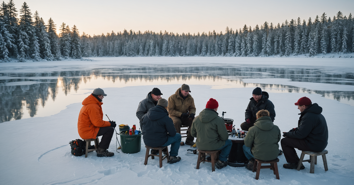 A group of anglers with a guide, gathered around a freshly drilled ice hole, showcasing their catch of the day.