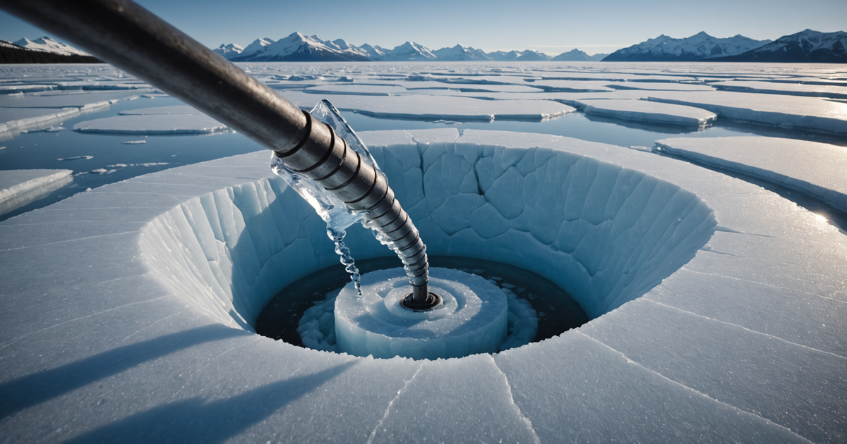 Ice auger cutting through thick Alaskan ice