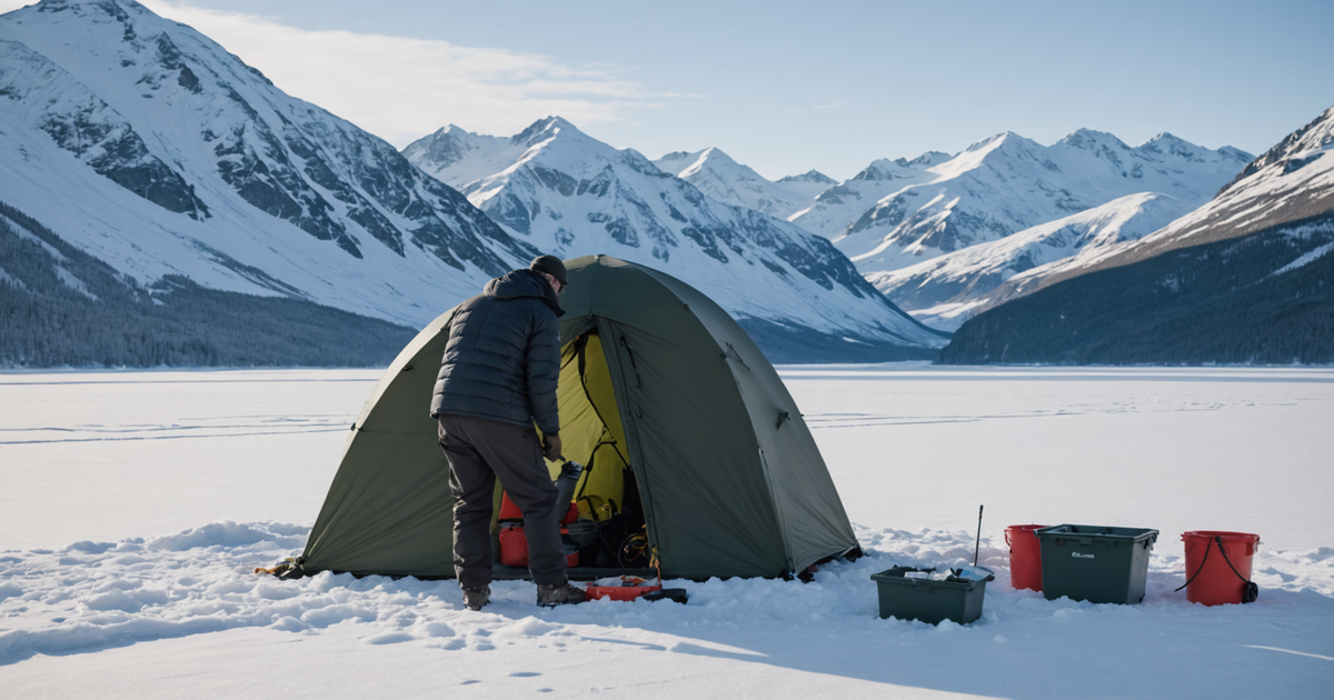 Angler setting up an ice shelter amidst snow-covered Alaskan landscape