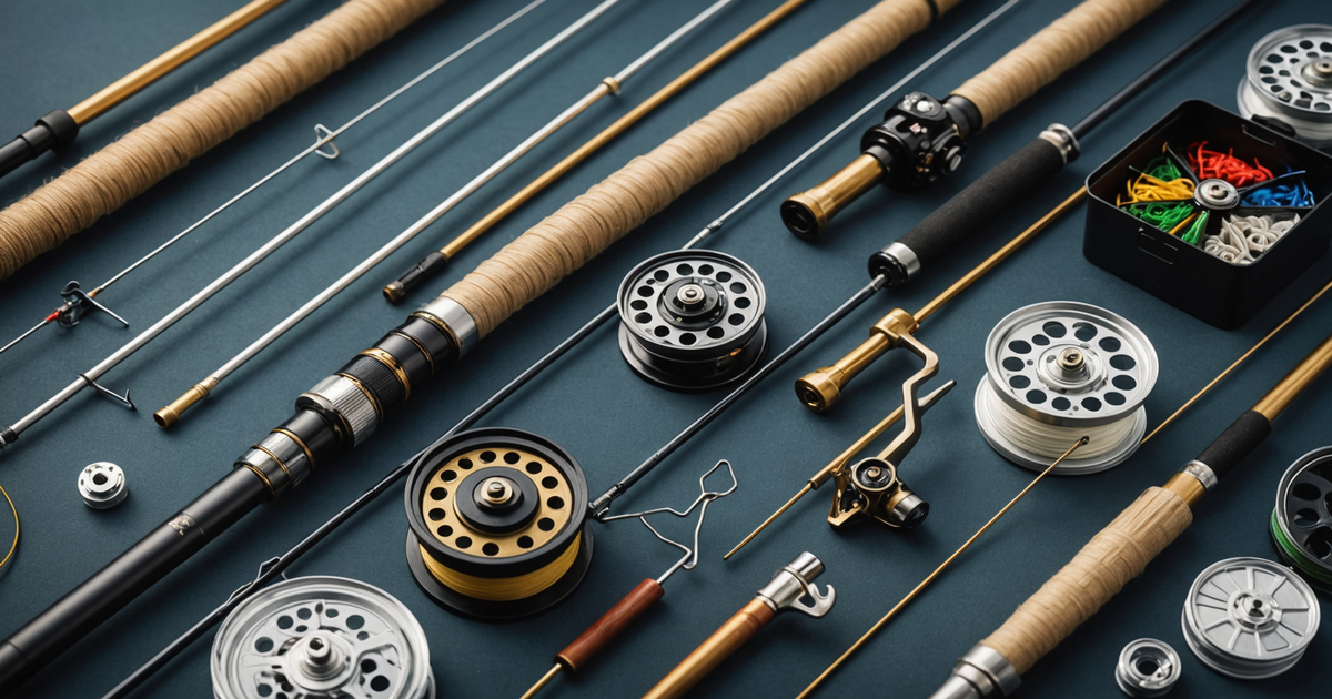 Close-up of various ice fishing rods and their components