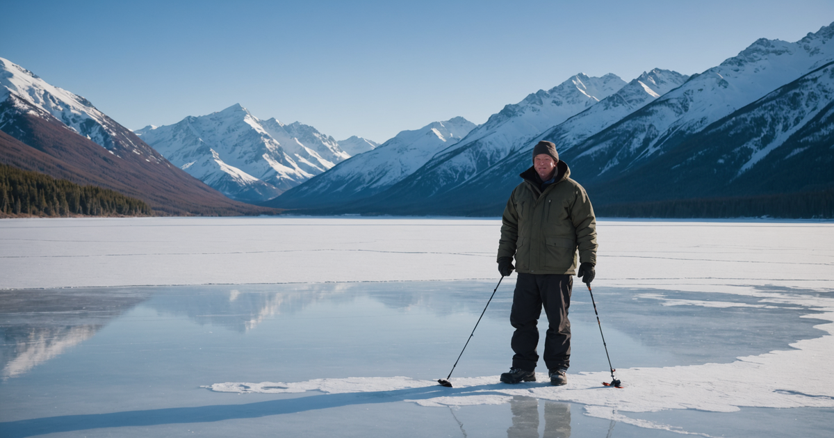 Angler using an ice fishing rod on a frozen Alaskan lake, surrounded by stunning scenery