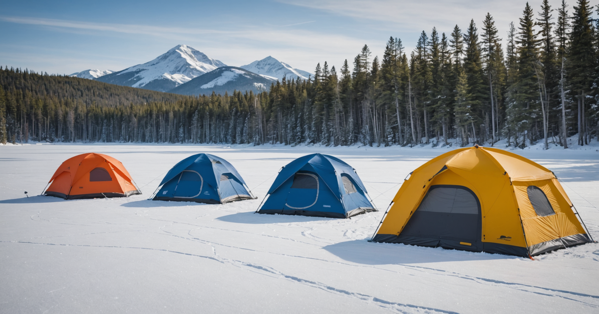 A selection of different ice fishing tents on a frozen lake, showcasing pop-up, cabin-style, and insulated tents.