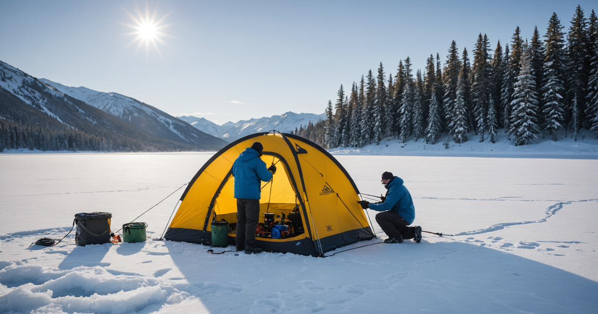 Anglers setting up an ice fishing tent on a frozen lake, demonstrating the use of anchors and proper ventilation.
