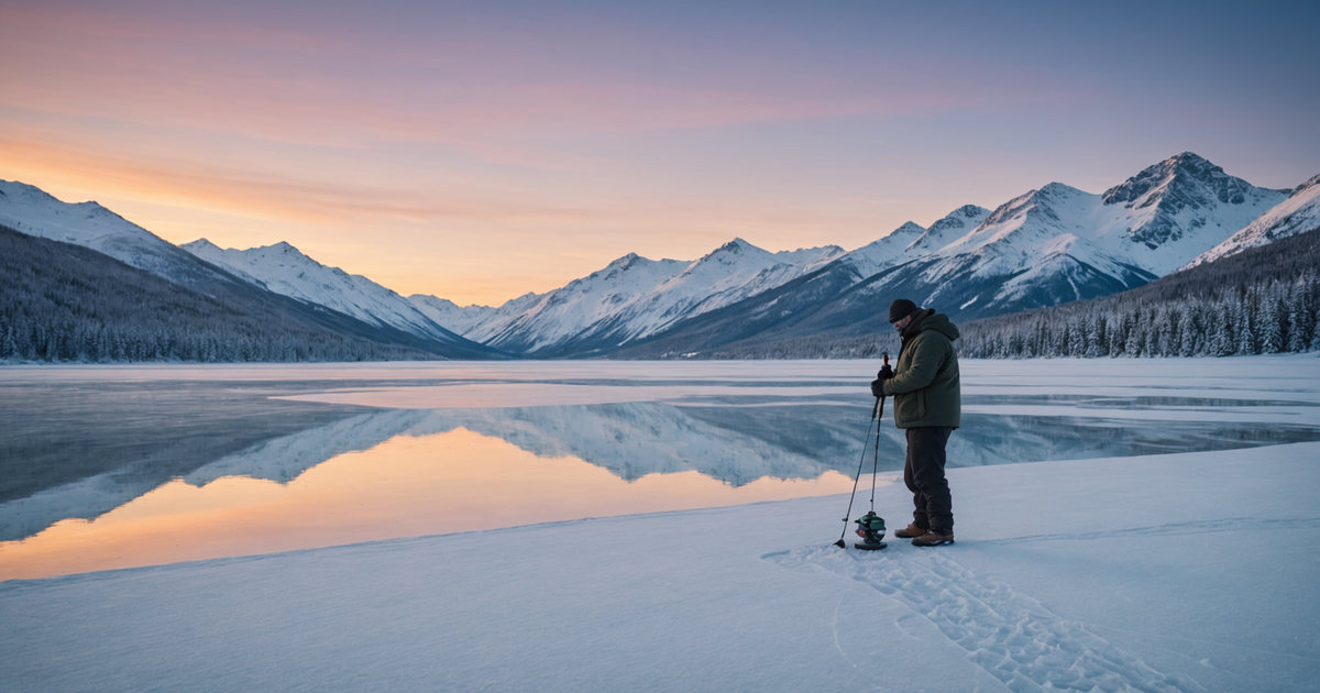 A manual ice fishing auger being used by an angler on a frozen Alaskan lake.