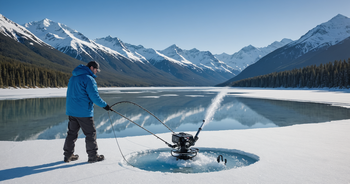 An electric ice fishing auger being used in a scenic Alaskan setting.