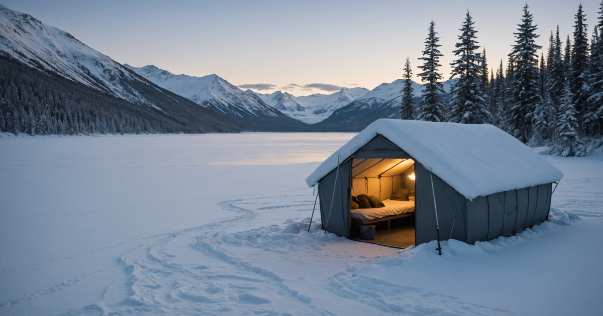 A cosy ice shelter set up on a frozen Alaskan lake