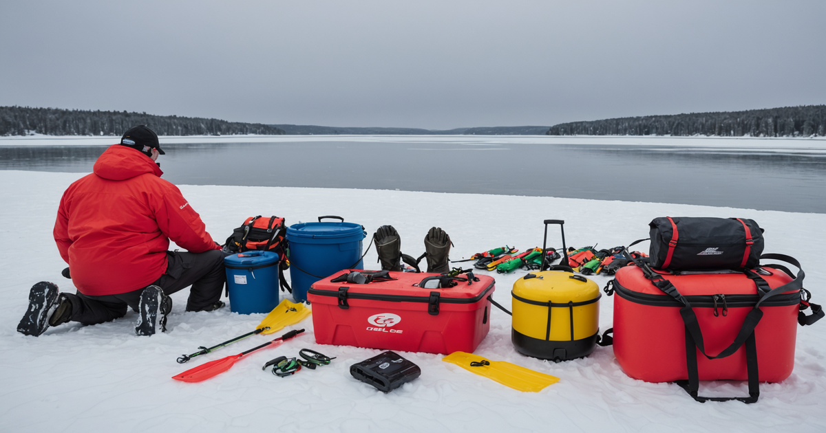 Ice fishing safety equipment laid out on a frozen lake
