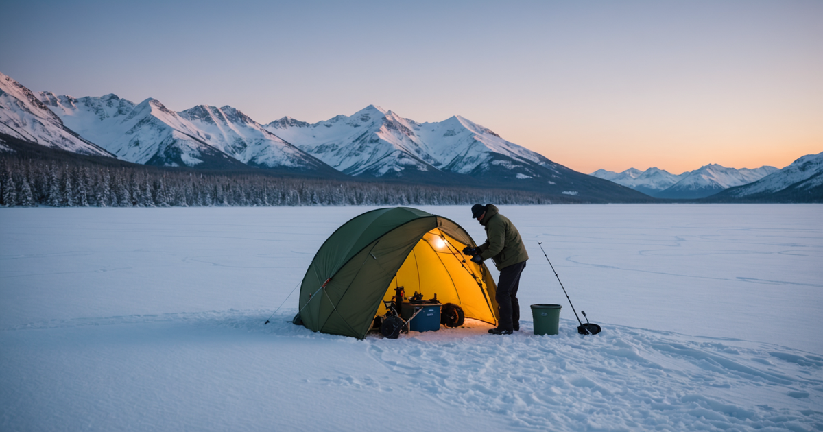 An angler setting up a flip-over ice fishing shelter on a frozen Alaskan lake