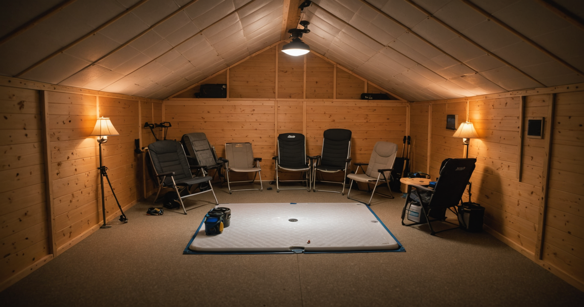 Interior view of a well-ventilated ice fishing shelter with a small propane heater