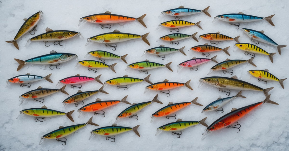 A variety of ice fishing lures laid out on a snow-covered surface, showcasing jigs, spoons, and soft plastics.
