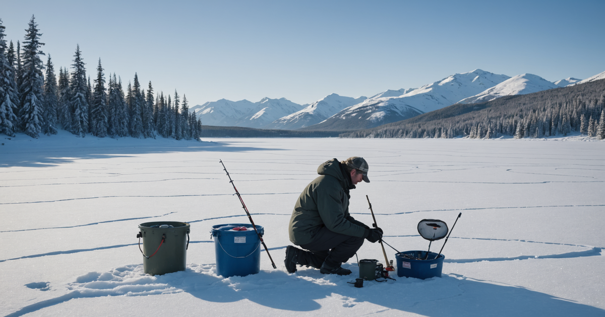 An angler setting up a tip-up on a frozen Alaskan lake, with the surrounding snow-covered landscape.