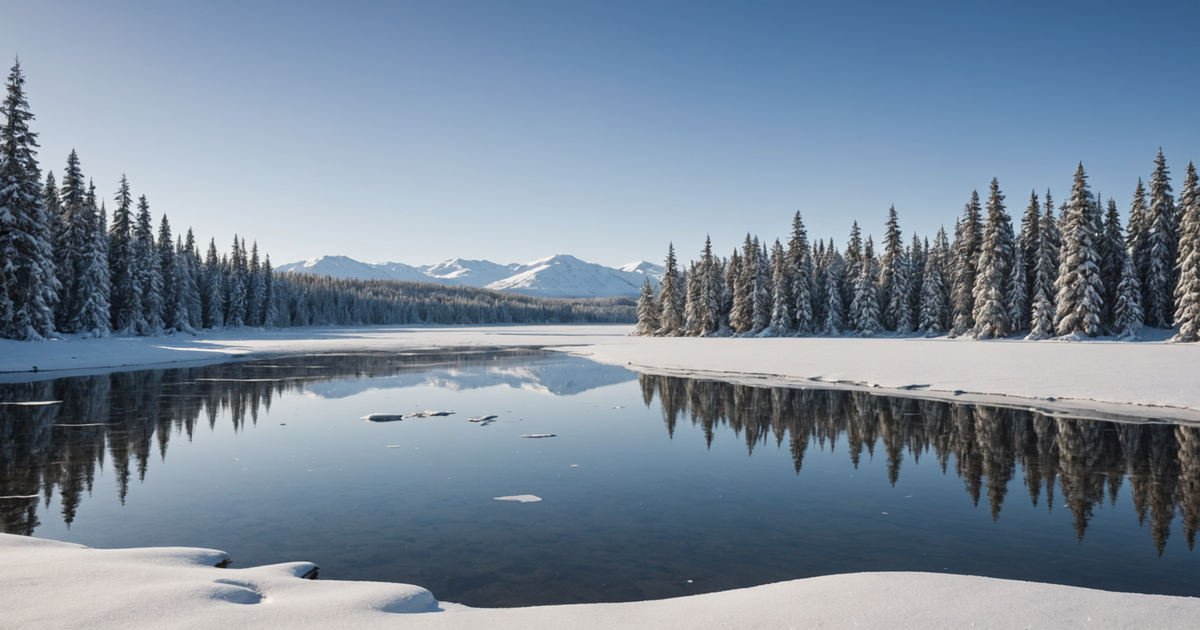 A serene Alaskan lake with ice fishing holes and a backdrop of snow-covered trees.