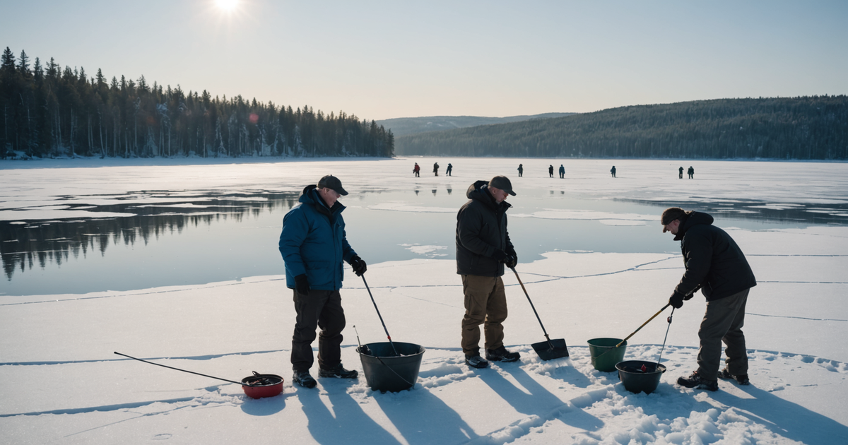 A guide assisting a group of ice fishers, showing the use of an ice auger.