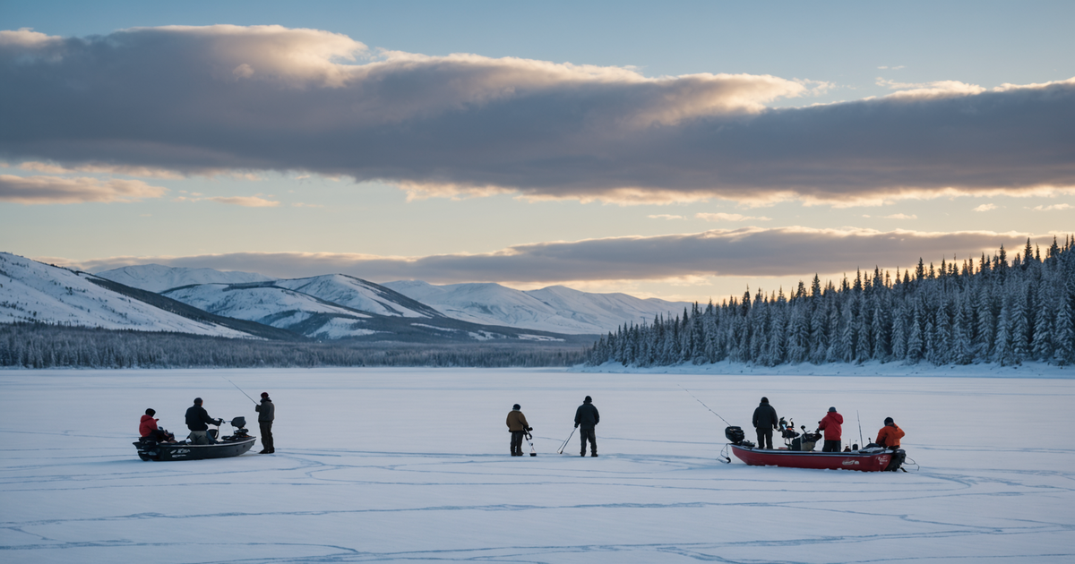 Ice anglers with equipment on a frozen lake in Fairbanks