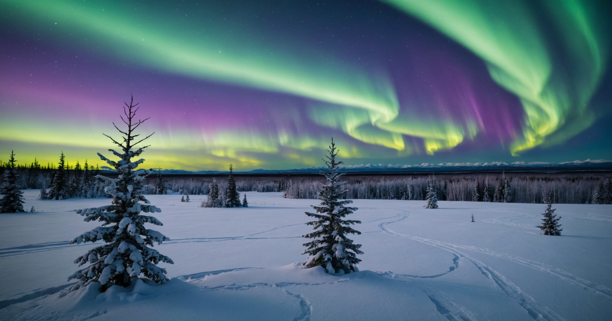 Panoramic view of Fairbanks' frozen landscape with the Northern Lights