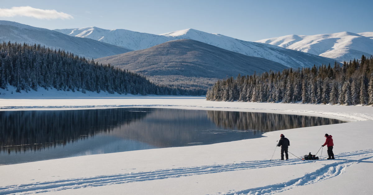 A serene frozen lake in Fairbanks with anglers setting up for ice fishing