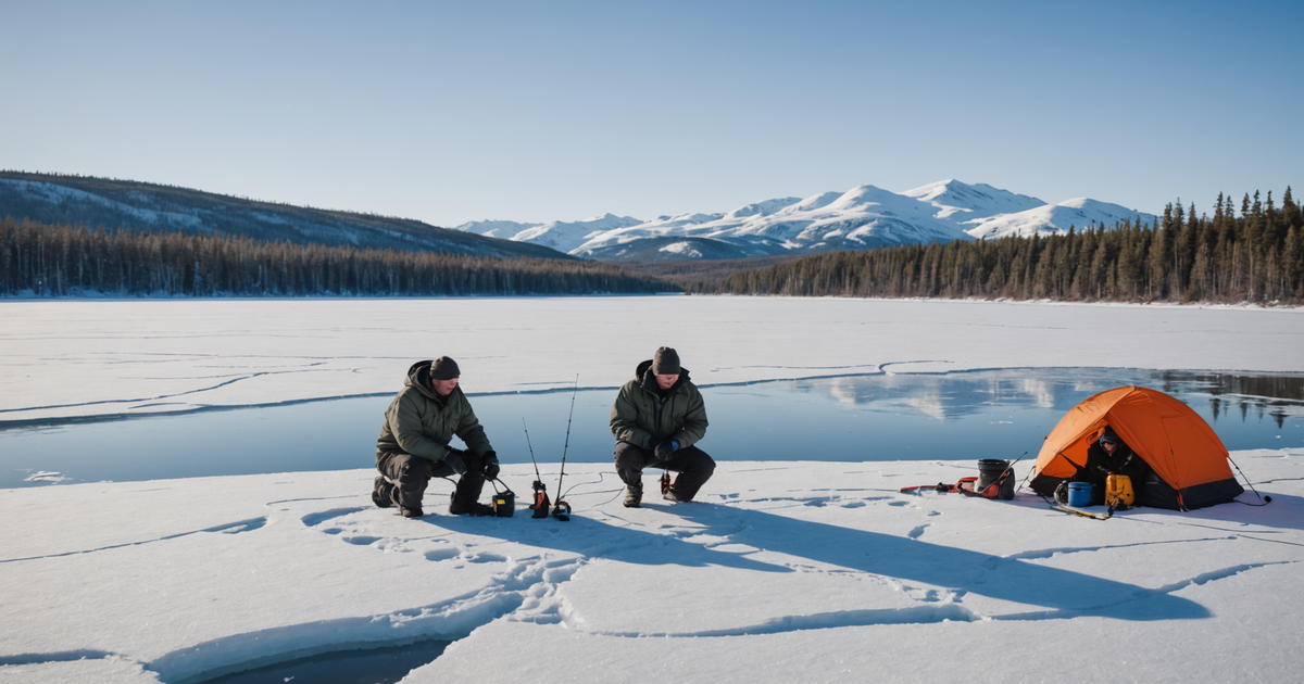 An ice fishing guide assisting clients on a frozen lake in Fairbanks