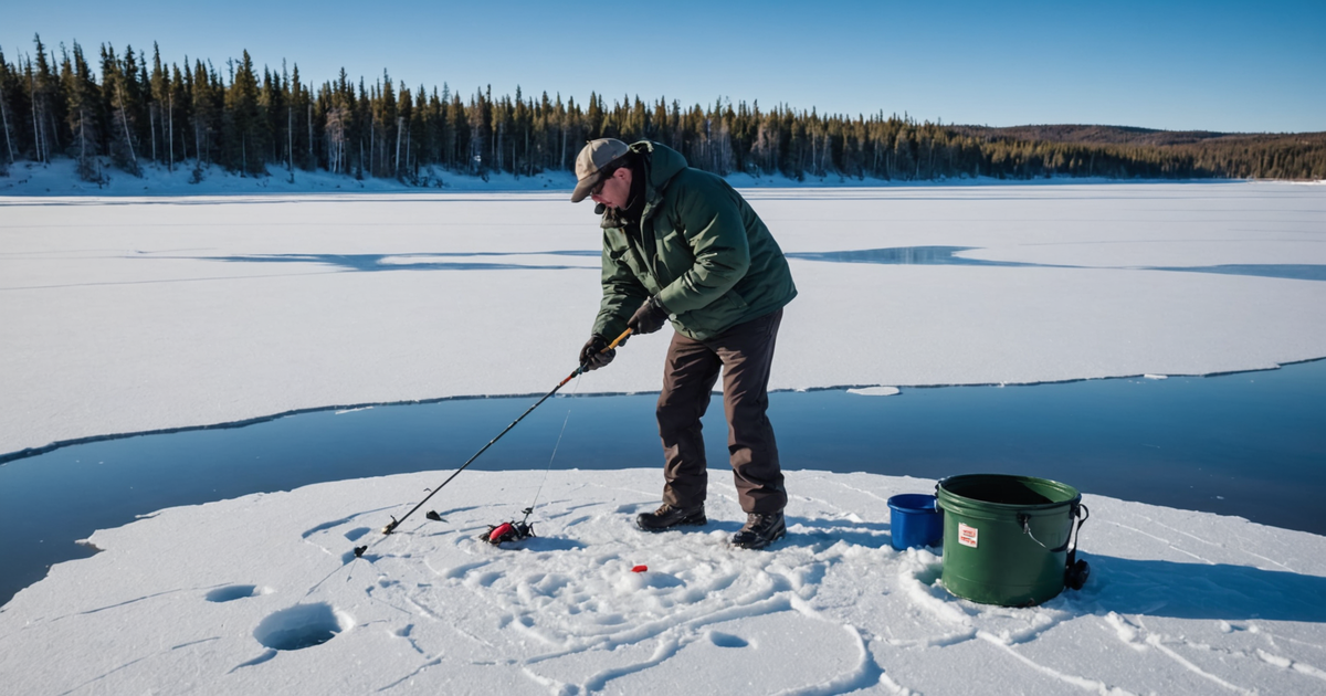 An ice fishing guide demonstrating techniques in Fairbanks, AK