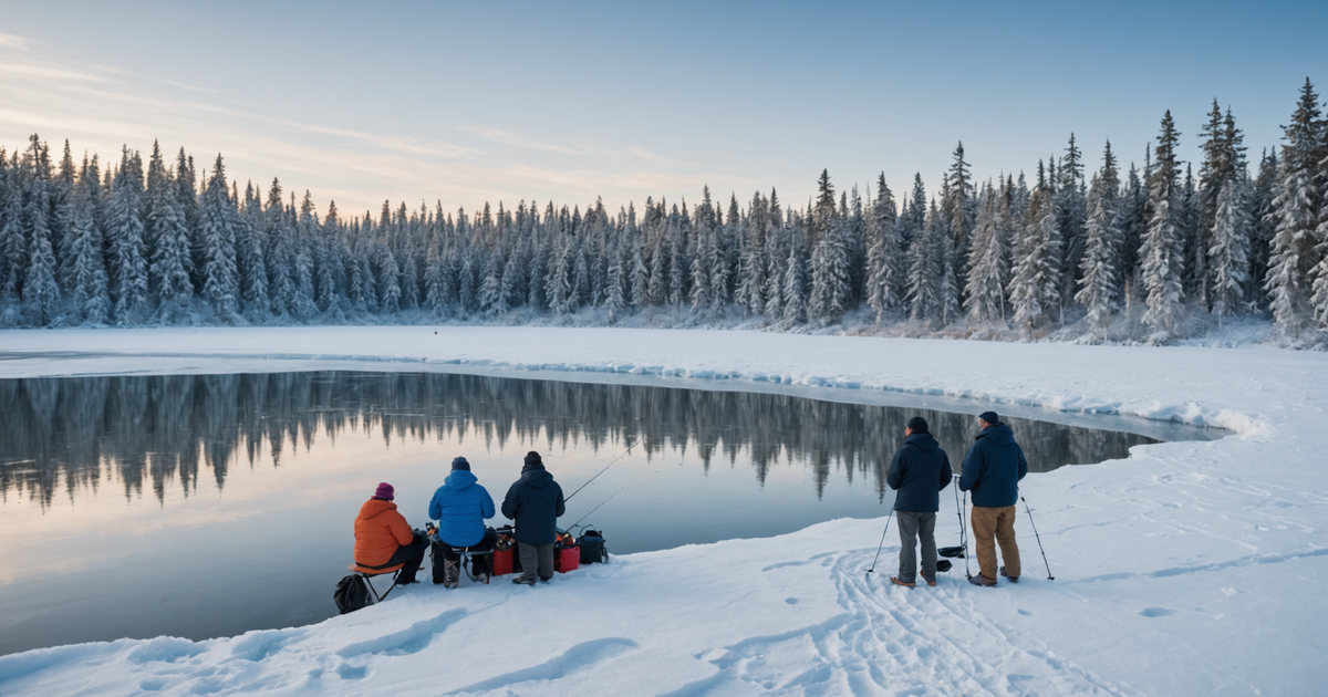 A group of anglers observing ice fishing safety protocols on a Fairbanks lake