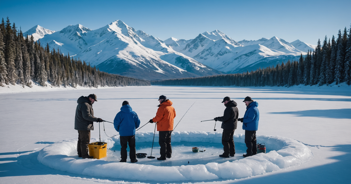 A group of anglers experiencing ice fishing in Alaska, surrounded by snow-covered landscapes.