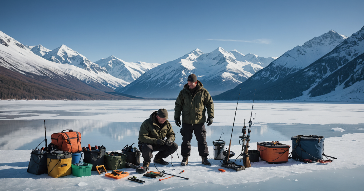 An angler preparing their gear on the ice, with a view of Alaska's rugged terrain in the background.