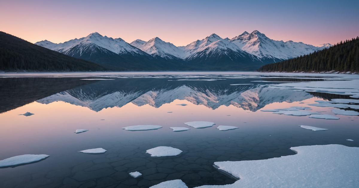 Scenic view of an Alaskan frozen lake with mountains in the background