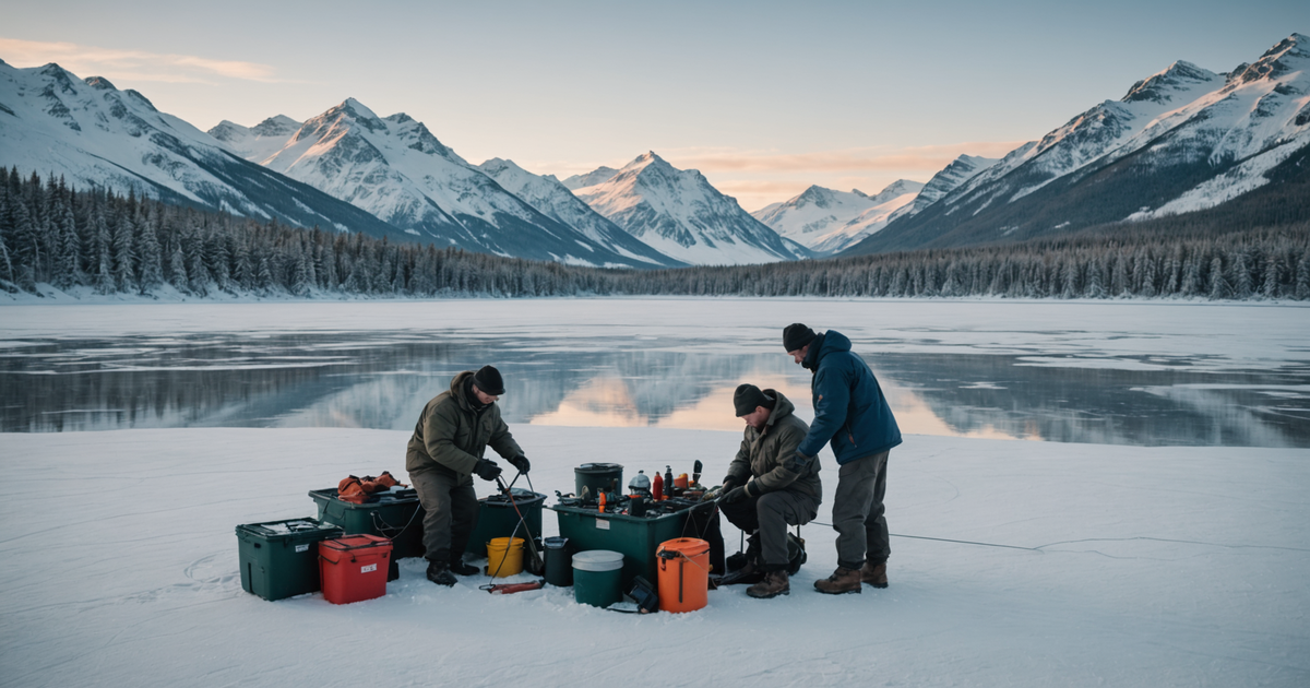 Ice fishermen setting up their gear on a frozen Alaskan lake