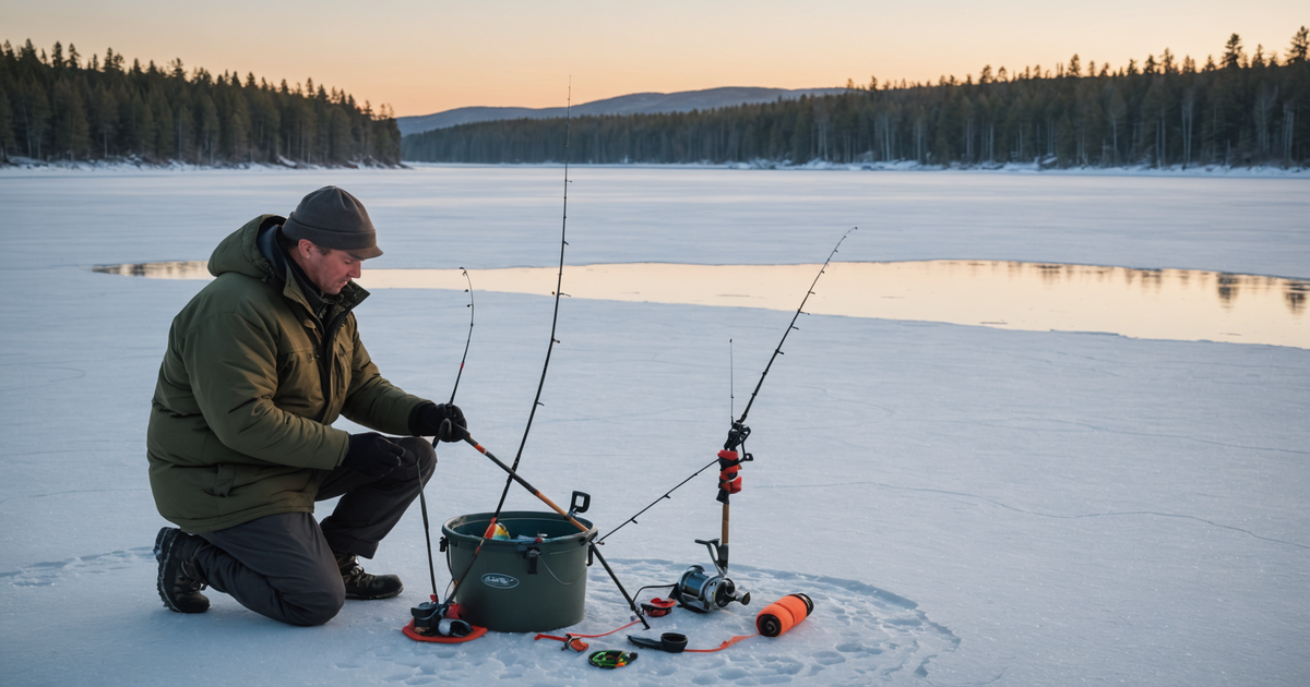 A guide assisting an angler with equipment setup on a frozen lake