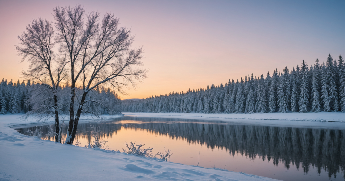 A scenic view of Fairbanks in winter with frozen lakes and snow-covered trees
