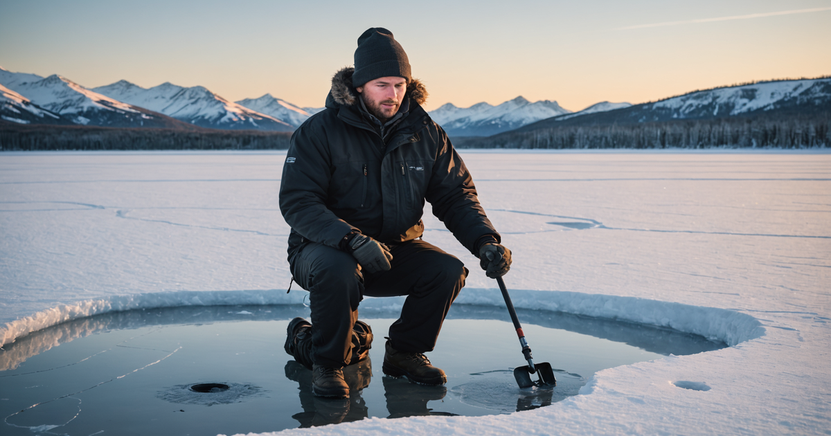 An angler drilling a hole in the ice with an auger