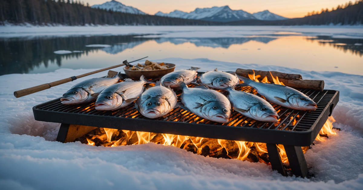 Freshly caught fish being cooked over an open fire on the ice