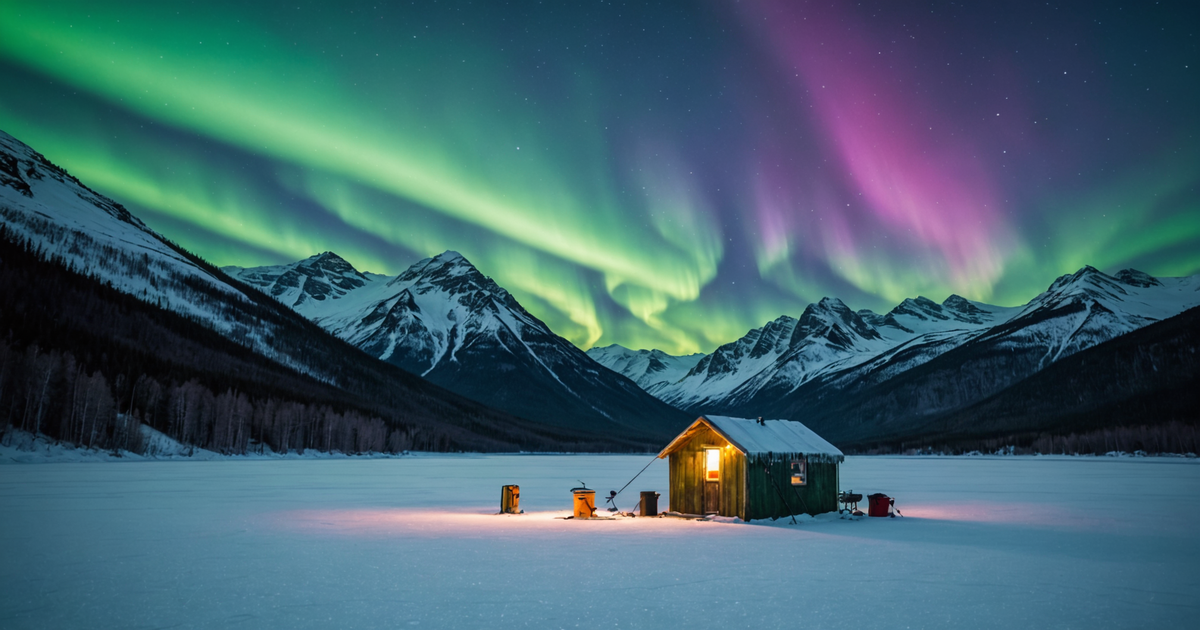 Alaskan ice fishing scenery with a backdrop of mountains and aurora borealis
